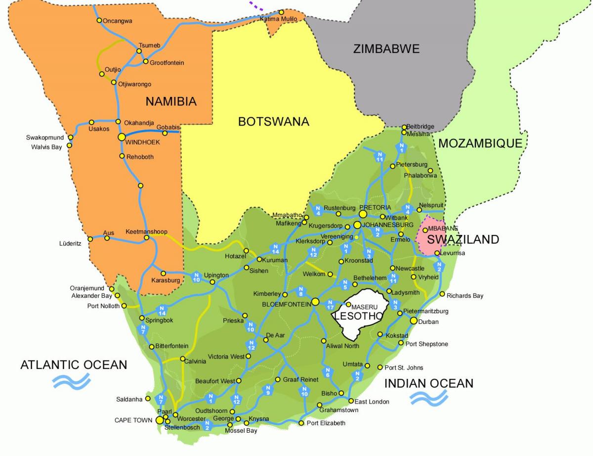 zemljevid Lesoto in južna afrika